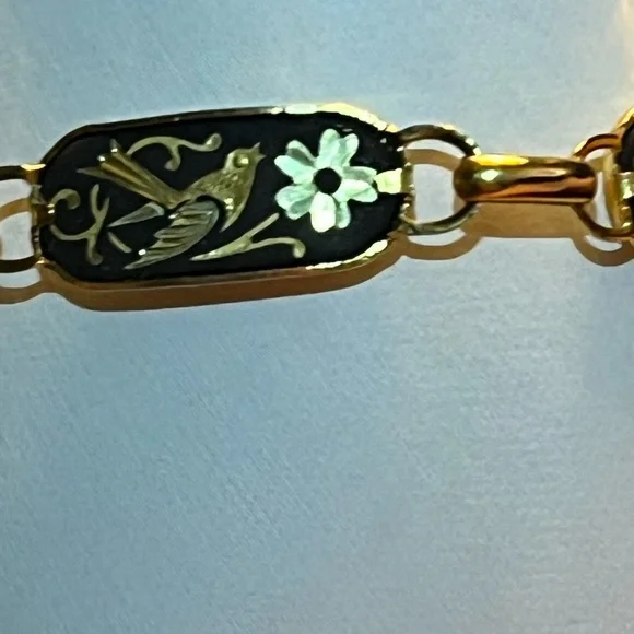 Vintage Damascene Style Bird Bracelet Gold Tone Black Enamel Link 7in - Picture 6 of 7